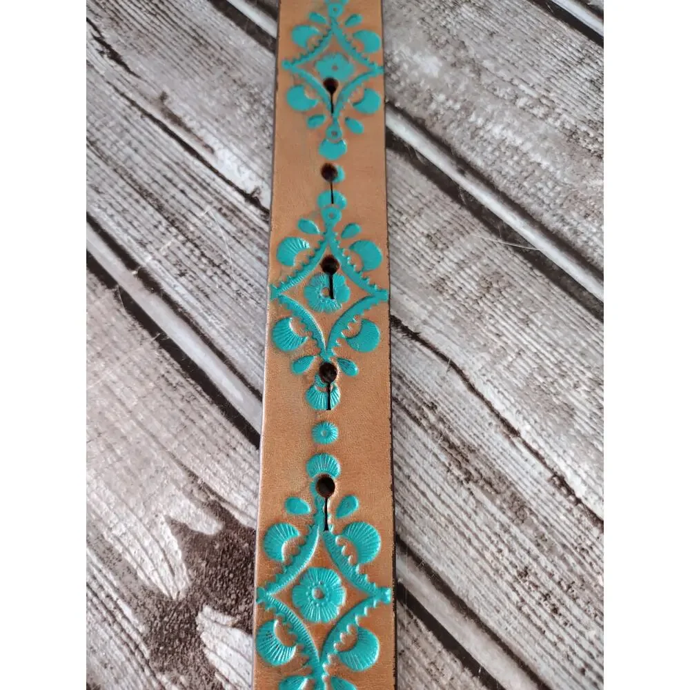 Justin Brown w/Teal Accent Tooled Leather Belt Silver-Tone Heart Buckle Women 24